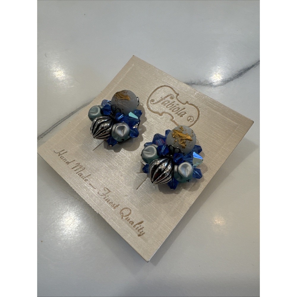 Vtg Fabiola Blue Silver Earrings Art Glass Molded Beaded Gold Tone Clip-On AB